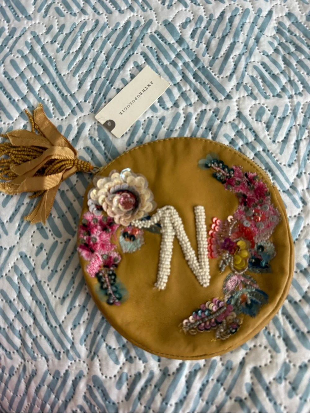 NWT Anthropologie Mustard Embroidered Beaded 'N' Round Wristlet